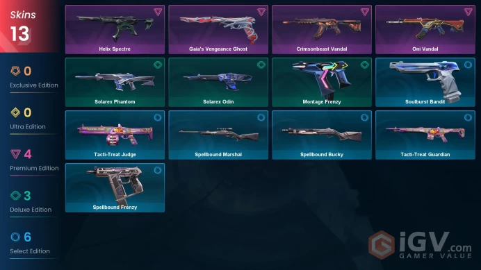 EU | 13 skins | Crimsonbeast Vandal | Oni Vandal | Gaia's Vengeance Ghost | Helix Spectre | Solarex Phantom | Solarex Odin | Z2164