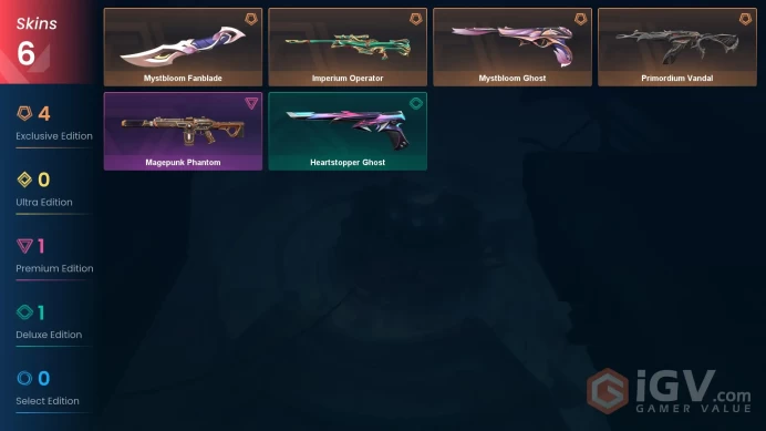 EU | 6 skins | Mystbloom Fanblade | Primordium Vandal | Imperium Operator | Magepunk Phantom | Mystbloom Ghost | Heartstopper Ghost | Y3886