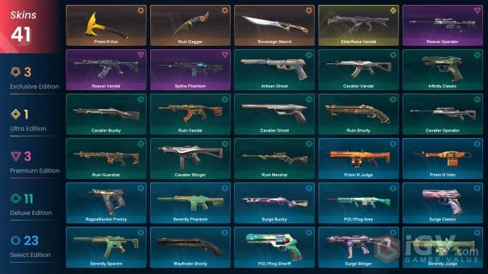 LA | 41 skins | Elderflame Vandal | Reaver Vandal | Sovereign Sword | Ruin Dagger | Prism III Axe | Spline Phantom | Reaver Operator | R9958
