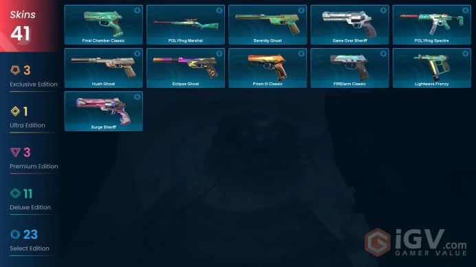 LA | 41 skins | Elderflame Vandal | Reaver Vandal | Sovereign Sword | Ruin Dagger | Prism III Axe | Spline Phantom | Reaver Operator | R9958