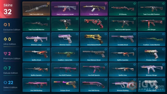 EU | 32 skins | Prime Vandal | Task Force 809 Knife | Gaia's Vengeance Vandal | Task Force 809 Marshal | .SYS Sheriff | A2832