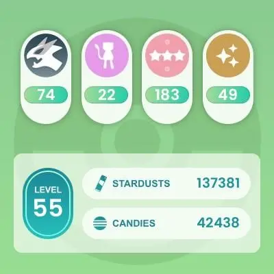 #3042 Account 2017, Level 55, 2 Legend IV 100, 499 Pokemon, 49 Shiny, 74 Legend, 183 IV 100, 2 Shiny Legend, 5 Shadow Legend, Bag Items 1700