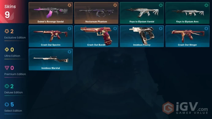 EU | 9 skins | Dolmir's Revenge Vandal | Nocturnum Phantom | Keys to Elysium Vandal | Keys to Elysium Ares | Insidious Marshal | O3237