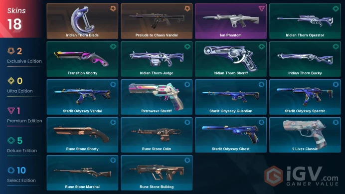 LA | 18 skins | Prelude to Chaos Vandal | Iridian Thorn Blade | Ion Phantom | Iridian Thorn Sheriff | Transition Shorty | S8712