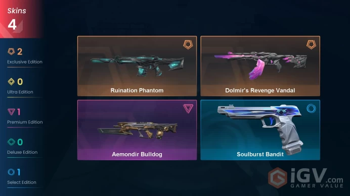 EU | 4 skins | Dolmir's Revenge Vandal | Ruination Phantom | Aemondir Bulldog | Soulburst Bandit | Z6706