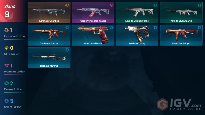 EU | 8 skins | Gaia's Vengeance Vandal | Kuronami Guardian | Keys to Elysium Ares | Crash Out Bandit | Insidious Frenzy | H5247