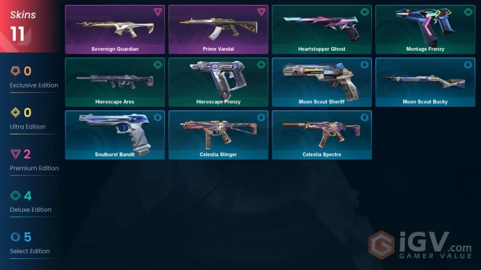 EU | 11 skins | Prime Vandal | Sovereign Guardian | Hieroscape Ares | Montage Frenzy | Heartstopper Ghost | Hieroscape Frenzy | R3997