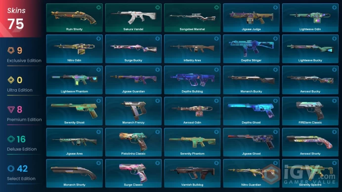 EU / 75 Skins / Reaver + Prime + Sentinels of Light Vandal / VALORANT GO! Vol. 1 Knife / Ruin Dagger / Songsteel / V130