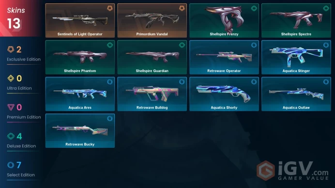 [NA] 13 SKINS | 0    KNIVES |Primordium Vandal Sentinels of Light Operator Aquatica Shorty Shellspire Frenzy Shellspire Phantom Retrowave Bulldo