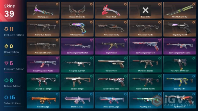 [EU] 39 SKINS | 5KNIFES | Blades of Primordia | Gaia's Wrath  | Singularity Sheriff | RGX 11z Pro Firefly| Primordium PACK | ~ 42,425 VP Invento