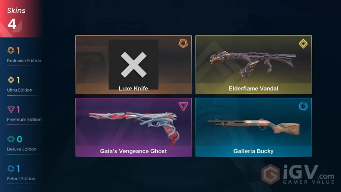 [EU] 4 SKINS | ~ 6,875 VP Inventory value | Elderflame Vandal | Luxe Knife | Gaia's Vengeance Ghost