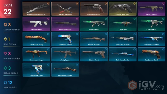 NA | Onimaru Kunitsuna, Black.Market Butterfly Knife, Neptune Vandal, Recon Phantom, Neo Frontier Sheriff, Protocol 781-A Sheriff