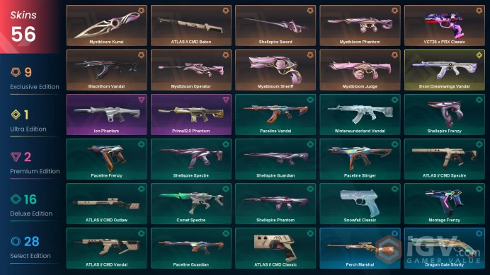 NA | 56 skins | Evori Dreamwings Vandal | Mystbloom Kunai | Mystbloom Phantom | ATLAS // CMD Baton | Shellspire Sword | W5555