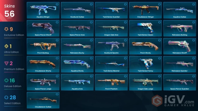 NA | 56 skins | Evori Dreamwings Vandal | Mystbloom Kunai | Mystbloom Phantom | ATLAS // CMD Baton | Shellspire Sword | W5555
