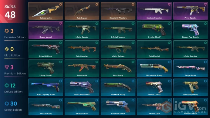 Sea-AP | Ruin Dagger | Reaver Vandal | Singularity Phantom | Prime Spectre | 730 Radianite Points | 48 Skins | Level 254 | Full Access