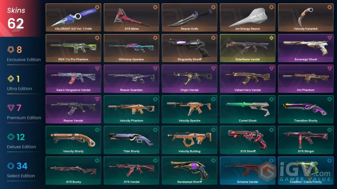 Na-Usa-Can | Reaver Knife | Elderflame Vandal | RGX 11z Pro Phantom | Glitchpop Operator | 335 Radianite Points | 62 Skins | Level 321 | Full Ac