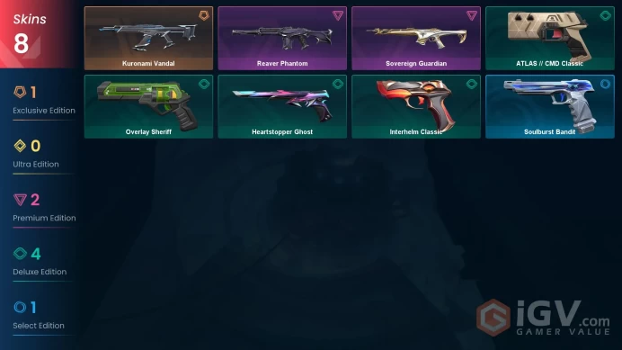 NA | 8 skins | Kuronami Vandal | Reaver Phantom | Sovereign Guardian | ATLAS // CMD Classic | Interhelm Classic | Heartstopper Ghost | B6578