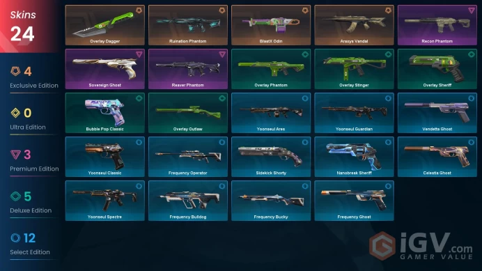 EU | 24 skins | Araxys Vandal | Ruination Phantom | Overlay Dagger | Recon Phantom | Reaver Phantom | BlastX Odin | Sovereign Ghost | D3484