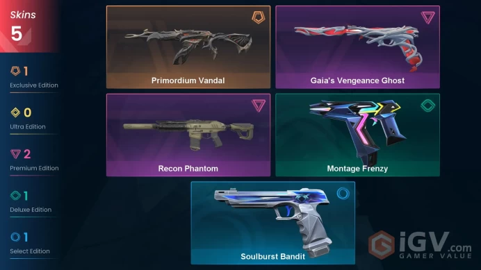 AP | 5 skins | Primordium Vandal | Recon Phantom | Gaia's Vengeance Ghost | Montage Frenzy | Soulburst Bandit | V8281