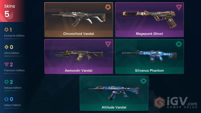 EU | 5 skins | ChronoVoid Vandal | Aemondir Vandal | Magepunk Ghost | Silvanus Phantom | Altitude Vandal | S5339