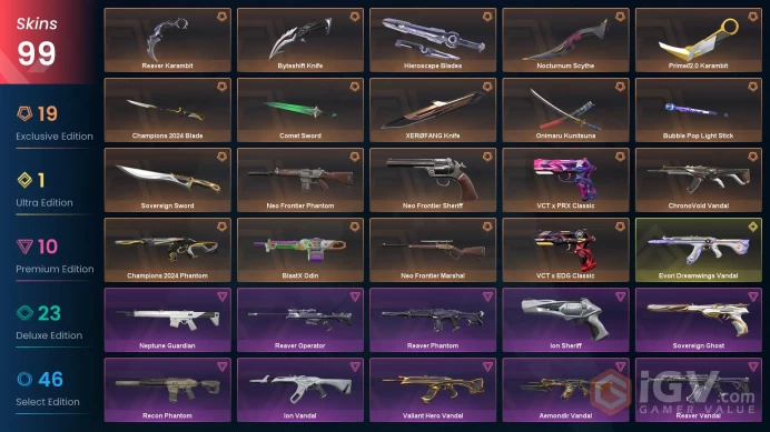EU/ TUR 77180 Spent VP Champions 2024 Bundle Champions 2024 Phantom Evori Dreamwings Vandal Prime//2.0 Karambit Recon Phantom Neo Frontier Marsh