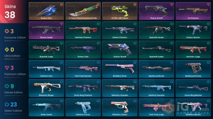 EU | 38 skins | Reaver Vandal | Solarex Relic | 5 Years // Beta Remastered Knife | Oni Phantom | Reaver Sheriff | VCT25 x M8 Classic | T8777