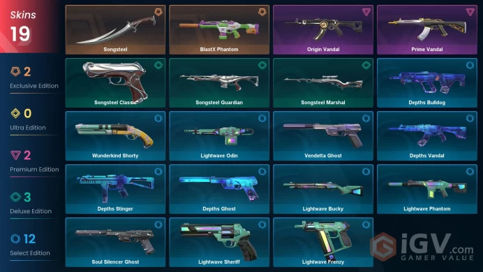 EU | 19 skins | BlastX Phantom | Prime Vandal | Songsteel | Origin Vandal | Songsteel Classic | Songsteel Marshal | Songsteel Guardian | N9314