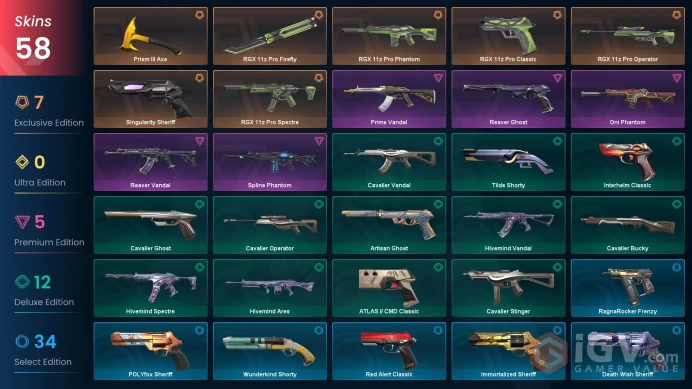 EU / 58 Skins / Reaver Vandal / Oni Phantom / RGX 11z Pro Firefly / Prime Vandal / V136