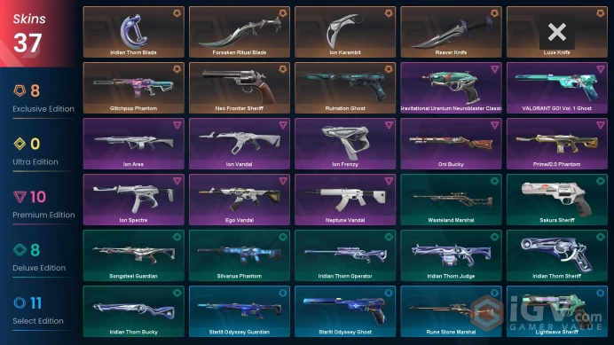 EU / 37 Skins / Ion Vandal / Ion Karambit / Neptune Vandal / Reaver Knife / Forsaken Ritual Blade / VALORANT GO! Vol. 1 Ghost / V139
