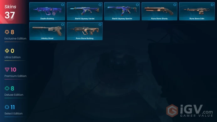 EU / 37 Skins / Ion Vandal / Ion Karambit / Neptune Vandal / Reaver Knife / Forsaken Ritual Blade / VALORANT GO! Vol. 1 Ghost / V139