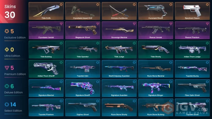 EU / 30 Skins / Reaver Vandal / Kuronami Sheriff / Onimaru Kunitsuna / Tilde Knife / V140