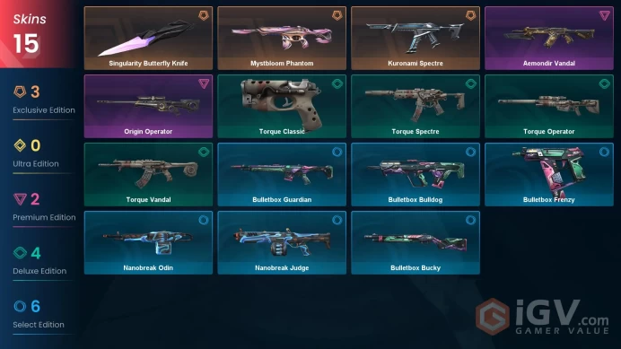 EU / 15 Skins / 1 Knife / Kuronami / Origin / Mystbloom / Singularity Butterfly / Aemondir / Torque / Bulletbox / Nanobreak  XB49