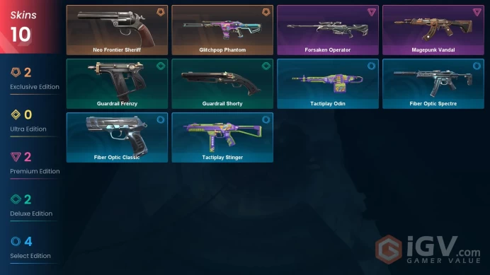 [NA] 10 SKINS | 1 KNIVES |Neo Frontier Sheriff Magepunk Vandal Glitchpop Phantom Forsaken Operator Guardrail Shorty Guardrail Frenzy Fiber Optic