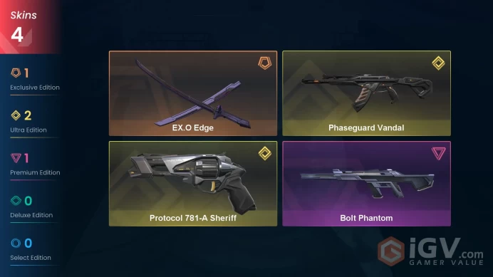 Eu-Europe | EX.O Katana | Phaseguard Vandal | Protocol 781-A Sheriff | Bolt Phantom | 4 Skins | Level 20 | Full Acc