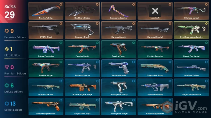 NA | 29 skins | Kuronami Vandal | Kuronami Sheriff | Glitchpop Vandal | Daydreams Crowbar | Luxe Knife | Evori Dreamwings Spectre | N2343