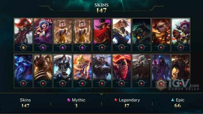 NA - Platinum 2019 - 128 LVL - 147 Skins - Prestige K/DA Ahri - Gun Goddess Miss Fortune - Battle Academia Ezreal - Dark Cosmic Jhin - Mythic -