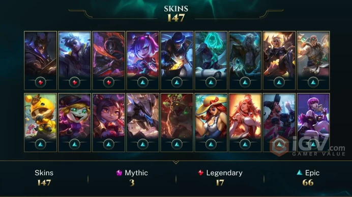 NA - Platinum 2019 - 128 LVL - 147 Skins - Prestige K/DA Ahri - Gun Goddess Miss Fortune - Battle Academia Ezreal - Dark Cosmic Jhin - Mythic -