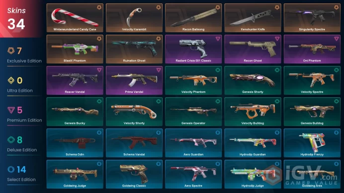 EU / 34 Skins / Reaver Vandal / Prime Vandal / Oni Phantom / Xenohunter Knife / Velocity Karambit / Recon Balisong / V143
