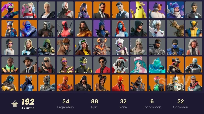 (PC PSN XBOX) 192 skins | LEVIATHAN AXE / HARLEY QUINN / Glow | Kratos | Gold TNTina | Gold Meowscles | Gold Midas | Gold Brutus | Carbon Comman