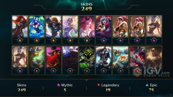 EUW - 250 Skins - Prestige Valiant Sword Riven - RARE Worlds 2012 Riven - Prestige K/DA Akali - K/DA All Out Skins + Border - Championship Riven