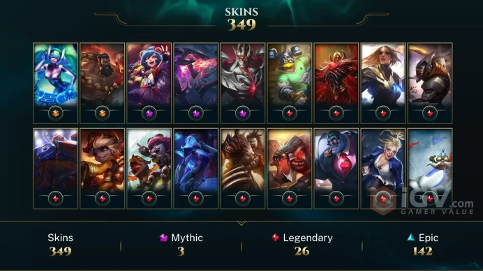 EUW - 350 Skins - All Champions - Dark Star Cho'Gath - Prestige Visions of the Fallen Jarvan IV - Nightbringer Yasuo - Gold 2025 - Silver 2026 -