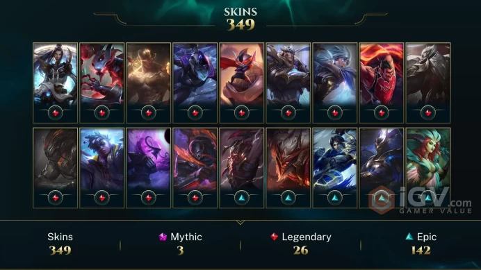 EUW - 350 Skins - All Champions - Dark Star Cho'Gath - Prestige Visions of the Fallen Jarvan IV - Nightbringer Yasuo - Gold 2025 - Silver 2026 -