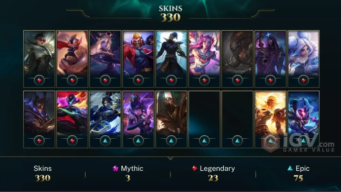 ME - 330 Skins - All Champions - Diamond 2015 - Prestige PROJECT: Sylas - Prestige Battle Academia Leona - Galaxy Slayer Zed Chroma (Mythic) - M