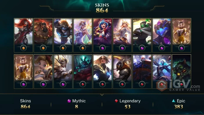 NA | 910 Skins/Chromas | Prestige K/DA Ahri | Prestige K/DA Ahri (2022) | Prestige Arcanist Zoe | Prestige Conqueror Jax | LLS004