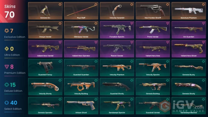 EU | 70 skins | Ruyi Staff | Neo Frontier Sheriff | Araxys Vandal | Spectrum Phantom | Glitchpop Vandal | Prime Vandal | Reaver Vandal | W2047