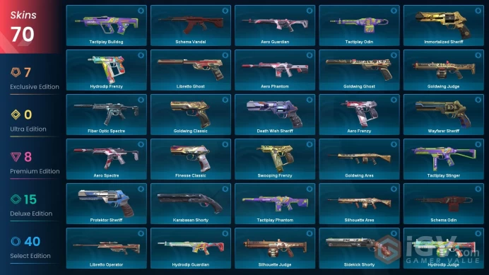 EU | 70 skins | Ruyi Staff | Neo Frontier Sheriff | Araxys Vandal | Spectrum Phantom | Glitchpop Vandal | Prime Vandal | Reaver Vandal | W2047
