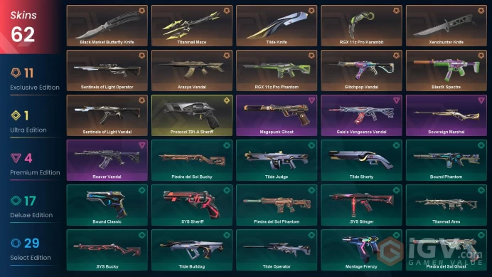 EU/TR | RGX 11z Pro Karambit, Xenohunter Knife, Araxys Vandal, Sentinels of Light Vandal, Gaia's Vandal, Reaver Vandal, Protocol 781-A Sheriff