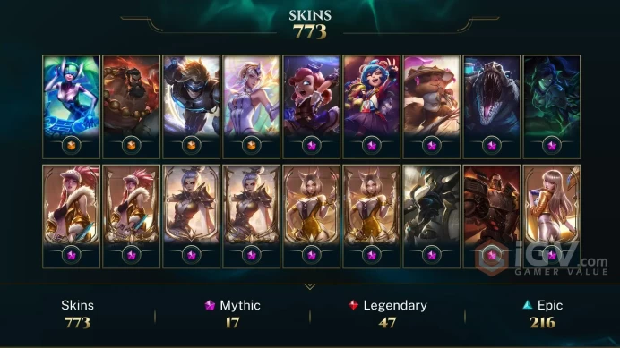 NA ~ 800 Skins - 17 Mythic - Prestige K/DA Akali - Prestige K/DA Ahri - Prestige K/DA Kai'Sa - Soulstealer Vayne - Prestige Riven - OC497