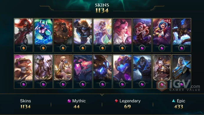 NA - 1134 Skins - 44 Mythic - Prestige True Damage Yasuo - Prestige True Damage Qiyana - Prestige K/DA Kai'Sa - Prestige Project: Irelia - DY124