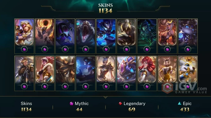 NA - 1134 Skins - 44 Mythic - Prestige True Damage Yasuo - Prestige True Damage Qiyana - Prestige K/DA Kai'Sa - Prestige Project: Irelia - DY124